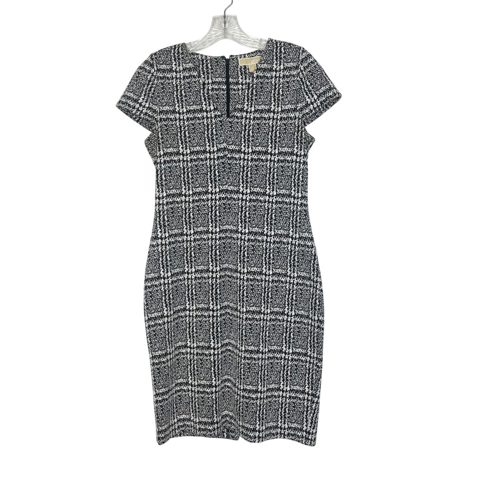 Michael Kors Sheath Dress Medium Black White Plaid Short Sleeve Classic